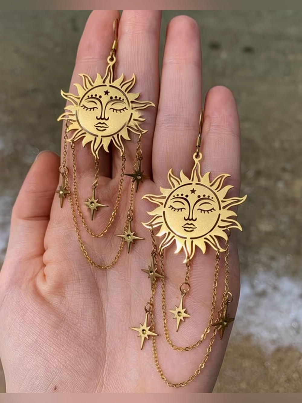 Sun and Star tassel chain pendant earrings